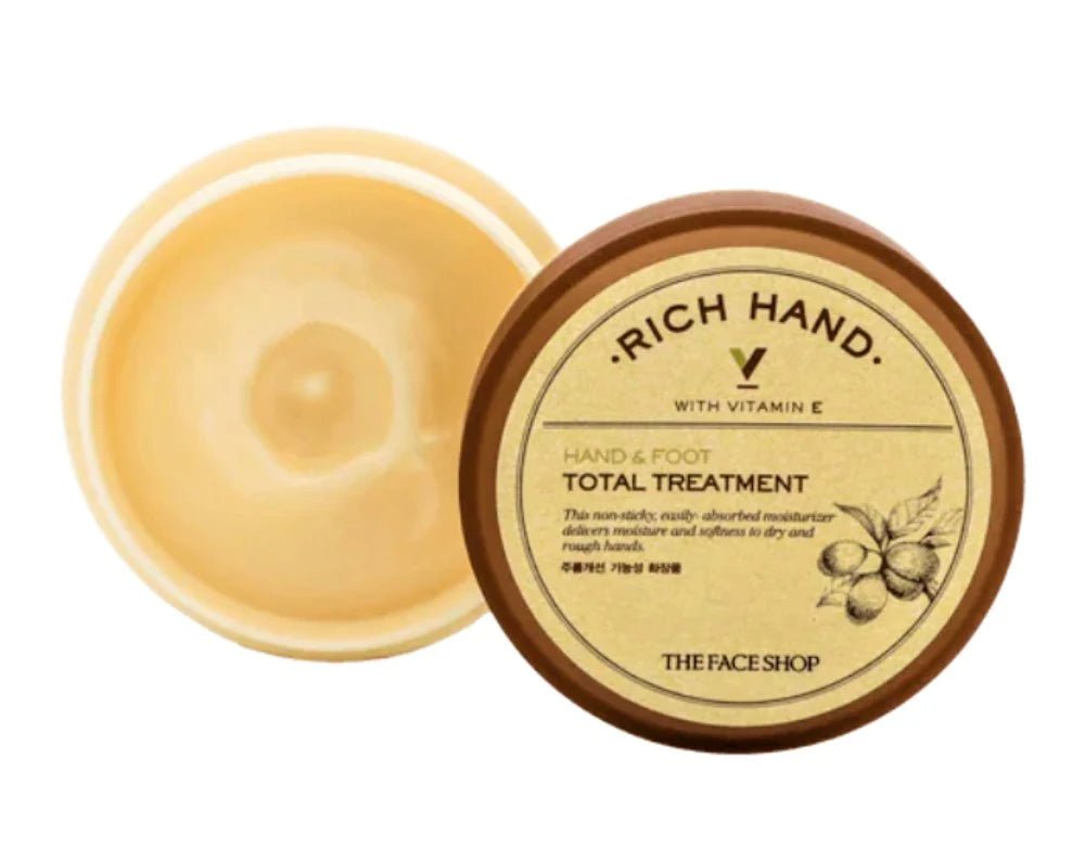 THE FACE SHOP - Rich Hand V Hand & Foot Total Treatment rankų ir koju kremas - haru.lt
Gilaus maitinimo rankų ir kojų kremas su karite sviestu, saulėgrąžų sėklų aliejumi ir marulos sėklų aliejumi